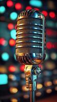 Vintage microphone against colorful buttons in a studio setting photo