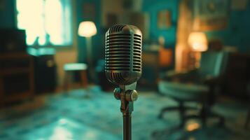 Vintage microphone in a cozy room with warm lighting and retro decor photo