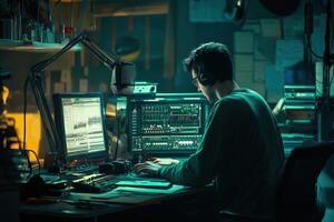 Young man working on music production in a dimly lit studio at night photo