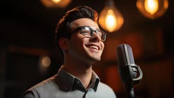 Young man singing joyfully into microphone under warm lights photo