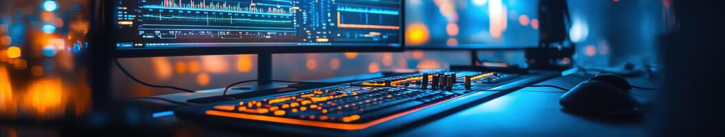 Creating digital art at a modern workstation with vibrant keyboard lights photo