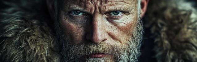 Strong man in fur attire with intense gaze in a rugged setting photo