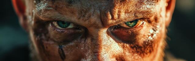 Intense close-up of a warrior with striking eyes and battle scars photo
