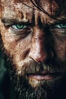 Intense portrait of a rugged man with striking green eyes and facial hair photo
