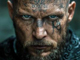 Intense portrait of a warrior with intricate tattoos and fierce expression photo