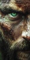 Intense close-up of a rugged man with striking green eyes photo