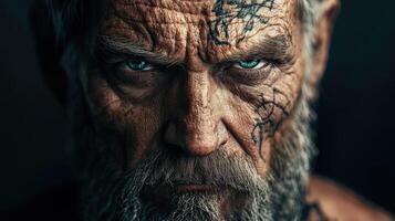 Intense portrait of a man with tattoos and a beard showcasing strong emotions photo