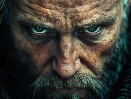 Intense close-up of a weathered man with piercing green eyes photo