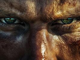 Intense close-up of a person with striking eyes and muddy skin tone photo