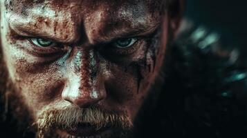 Intense warrior portrait in dramatic lighting captures raw emotion and power photo