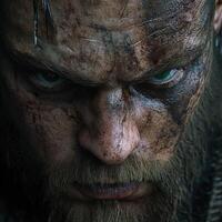 Intense close-up of a warrior with striking features and battle scars photo
