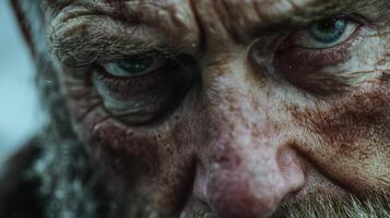 Intense close-up of a rugged man with striking blue eyes and weathered skin photo