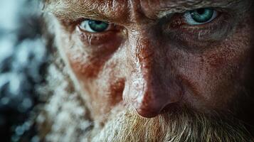 Intense close-up of a rugged man with striking blue eyes and a beard photo
