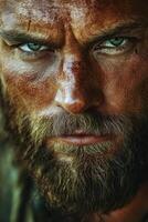 Intense close-up of a rugged man showcasing determination and strength photo