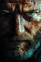 Intense close-up of a rugged man with striking facial features in shadow photo