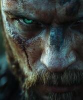 Warrior portrait piercing eyes, rugged features in a dramatic moment photo