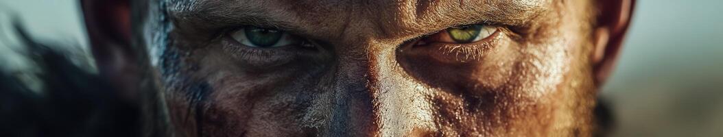 Intense close-up of a weathered face during a fierce battle photo