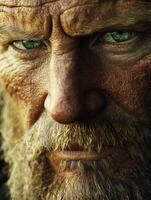 Intense close-up of an elderly man with striking green eyes and a rugged face photo