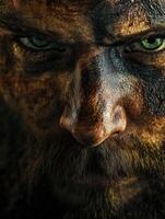Intense close-up of a warrior with painted face and fierce expression photo