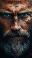 Intense warrior portrait showcasing rugged features and piercing eyes photo