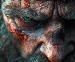 Fierce warrior with striking green eyes and weathered features depicted close-up photo