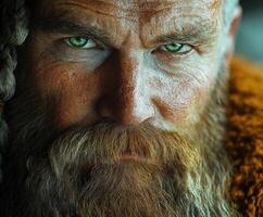 Intense close-up of a man with a thick beard and striking green eyes photo