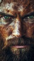 Intense gaze of a rugged man with a weathered face and piercing green eyes photo
