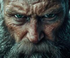 Intense gaze of an aged warrior with striking green eyes and a rugged beard photo