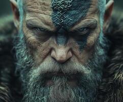 Intense portrait of a warrior with a tribal face painting in nature photo