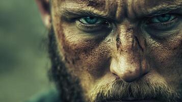 Intense warrior portrait with piercing blue eyes and battle scars photo