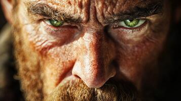 Close-up of a rugged man with fierce green eyes and expression photo