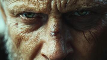 Intense gaze of an older man with weathered features in natural light photo
