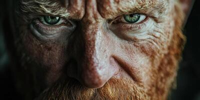 Intense close-up of a man with striking green eyes and ginger beard photo