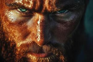 Intense close-up of a man with a rugged appearance and striking eyes photo
