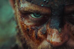 Intense warrior portrait with battle paint and fierce expression in nature photo