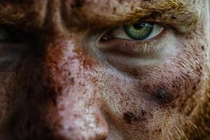 Intense close-up of a person with dirt on their face and striking blue eyes photo