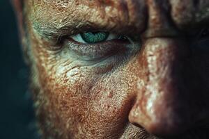 Close-up of a man face showcasing green eyes and textured skin photo