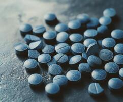 Blue pills scattered on a dark surface in a clinical setting photo
