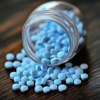 Blue tablets spilled from glass jar on wooden surface during daylight photo