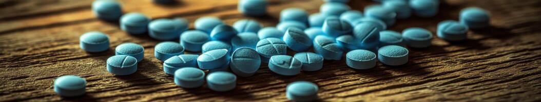 Numerous blue pills scattered on wooden surface in a close-up view photo