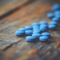Blue tablets scattered on a wooden surface highlighting medication use photo