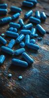Bright blue capsules scattered across a weathered wooden surface photo