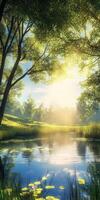 Tranquil sunset over a serene pond surrounded by lush greenery photo