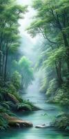 Lush green forest with serene river winding through at dawn light photo