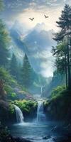 Majestic mountain landscape with waterfalls and foggy valleys at dawn photo