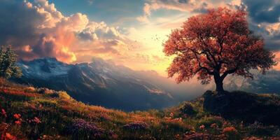 Stunning sunset over mountains with a vibrant tree in autumn colors photo