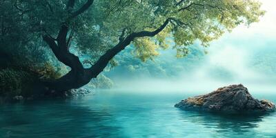 Tranquil waters with fog, tree, and rocky outcrop in serene landscape photo