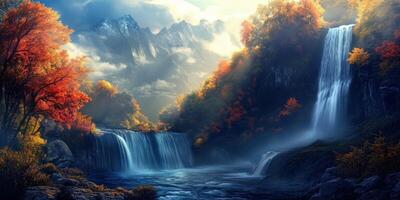 Majestic waterfalls cascading through autumn foliage in a mountain valley photo