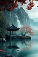 Serene waters reflect autumn hues and ancient architecture in nature's embrace photo
