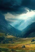 Majestic valley under dramatic skies with rays of sunlight breaking through photo